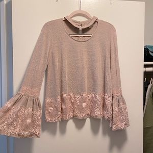Light Pink & Lace Bell Sleeve Blouse